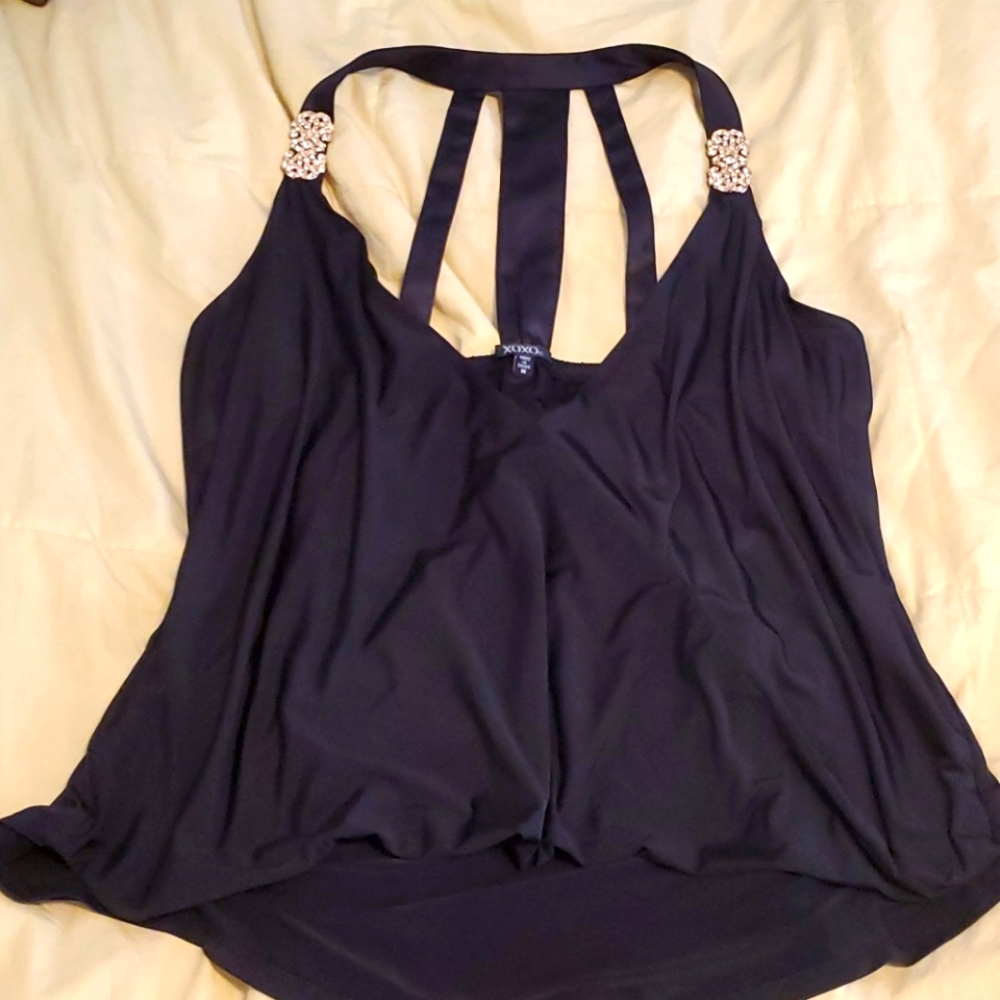 Black Sexy Low Cut Party Top with Crystal Detail